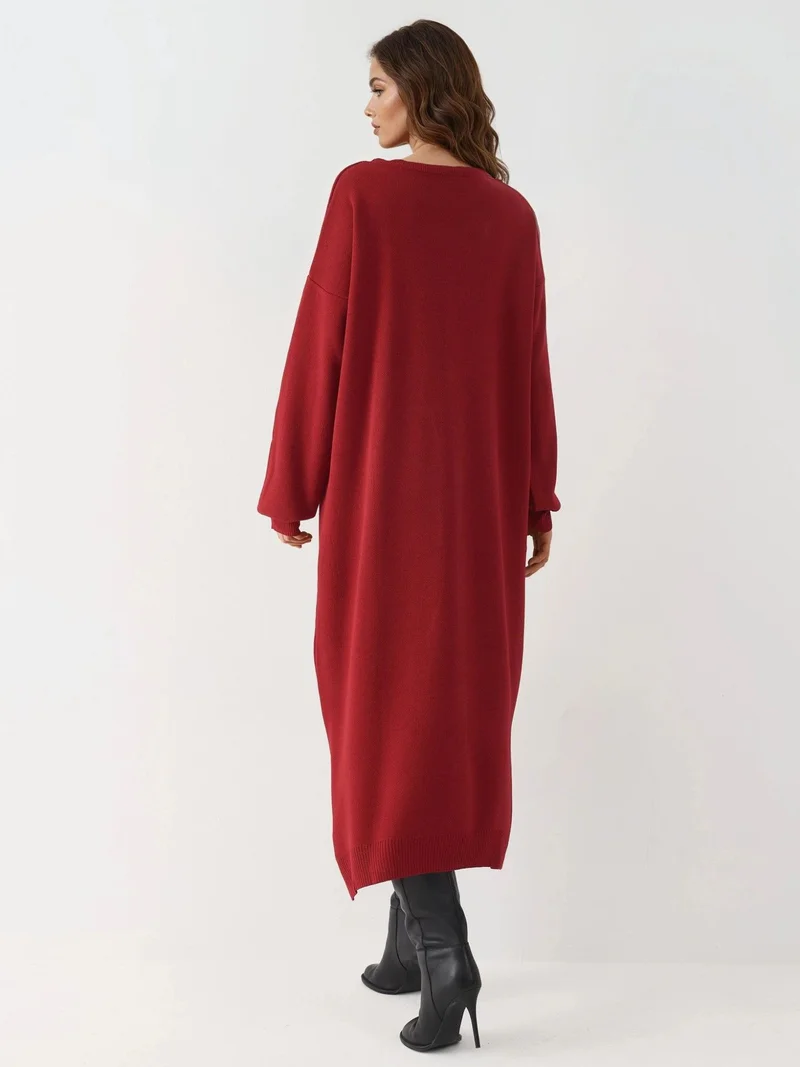 My Fashion Burgundy Red MY FASHION Textured Ribbed Long Knit Dress with Slit Detail for Women | Best Price UAE